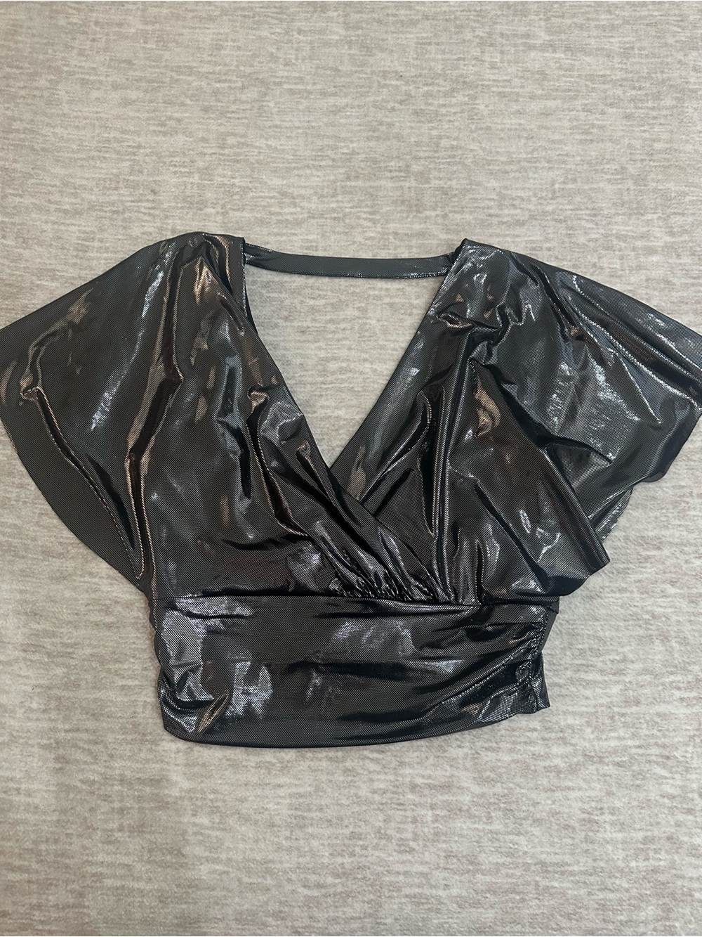 Aqua Black Shimmery V-Neck Cropped Wrap Top